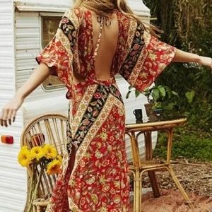 Bohemian Red Floral Print Open Back Kimono Maxi Dress